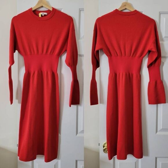 Tibi Merino Wool Bell Sleeve Knit Mini Dress XXS, RED $595 - Picture 3 of 10